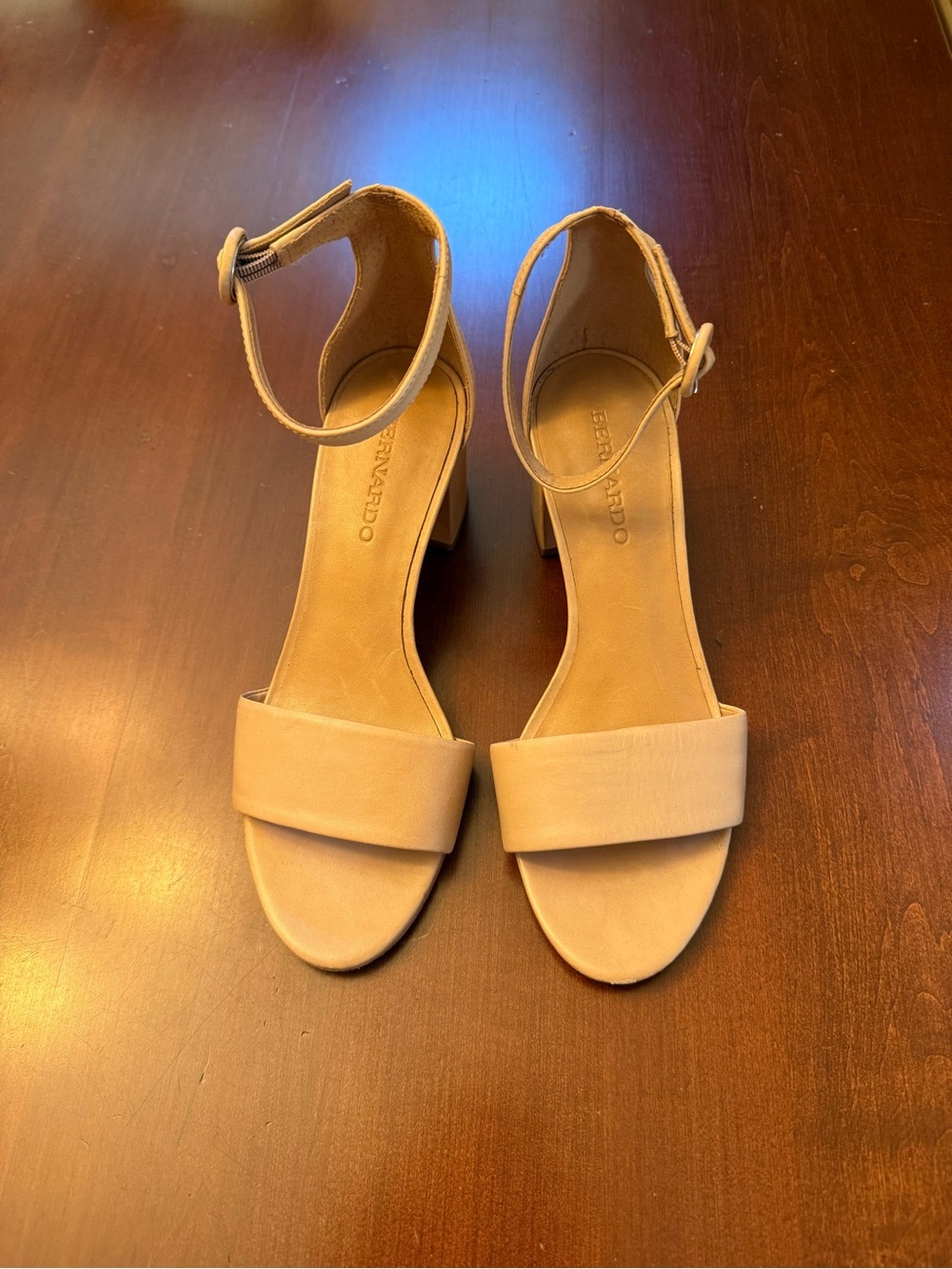 Bernardo Beige Ankle-Strap Block Heel Sandals In Excellent Condition, Size 7M